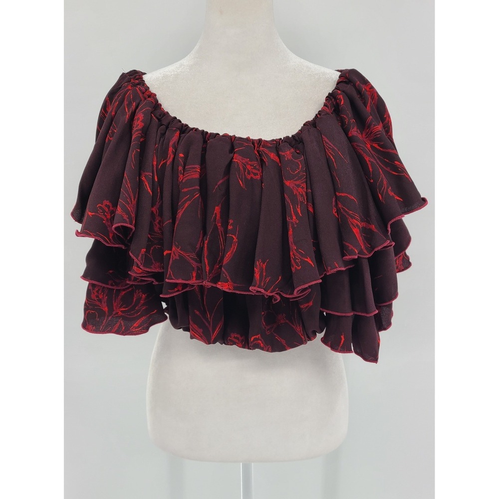 Latin Jazz‎ Burgundy Red Ruffle Women Cropped Blouse Size Medium Floral Holiday